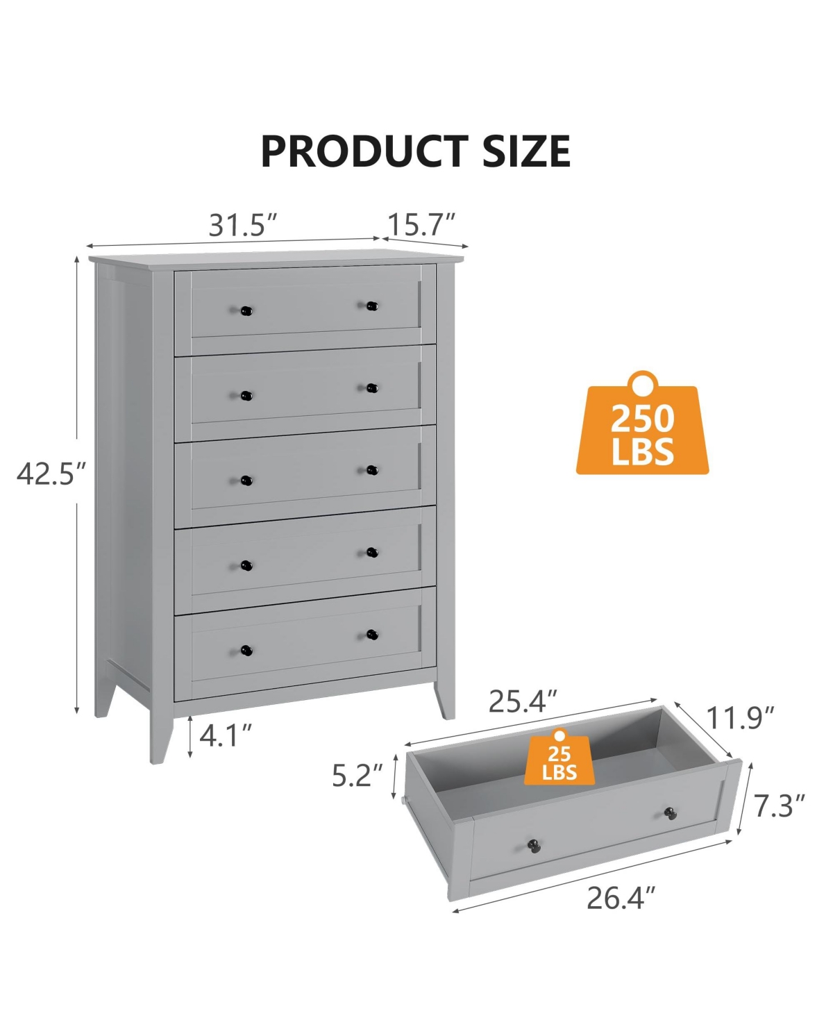 gaomon 5 Drawer Modern Tall Nightstand, Deep Drawers, Nickel Round Handle