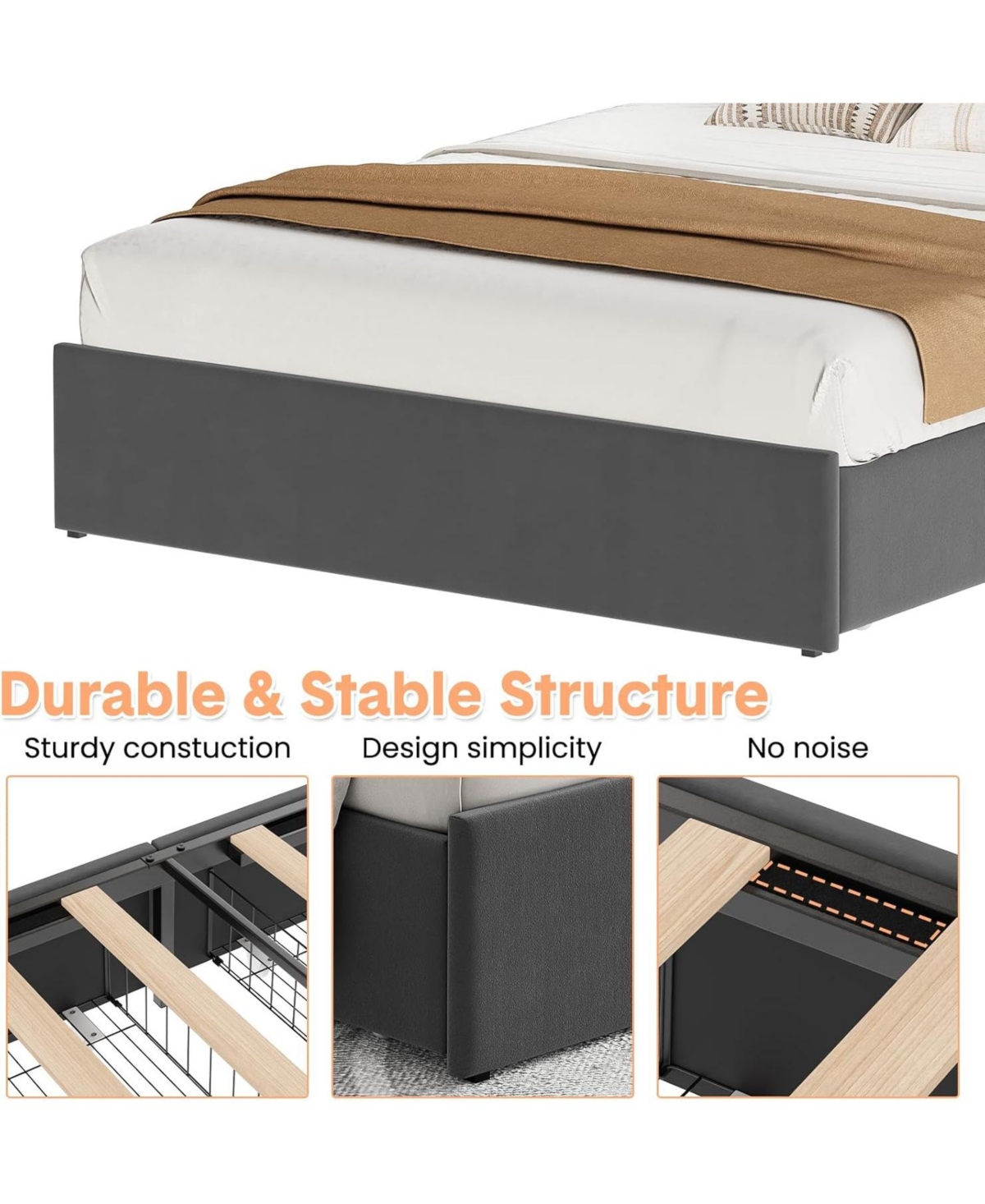 gaomon Velvet Headboard Storage Bed Frame - 4 Drawers, Usb/Ac Charging Station, No Box Spring Needed