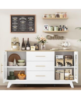 56 Inch Modern Sideboard Buffet Cabinet with 3 Drawers Adjustable Shelves and Fluted Glass Doors in Wood Top