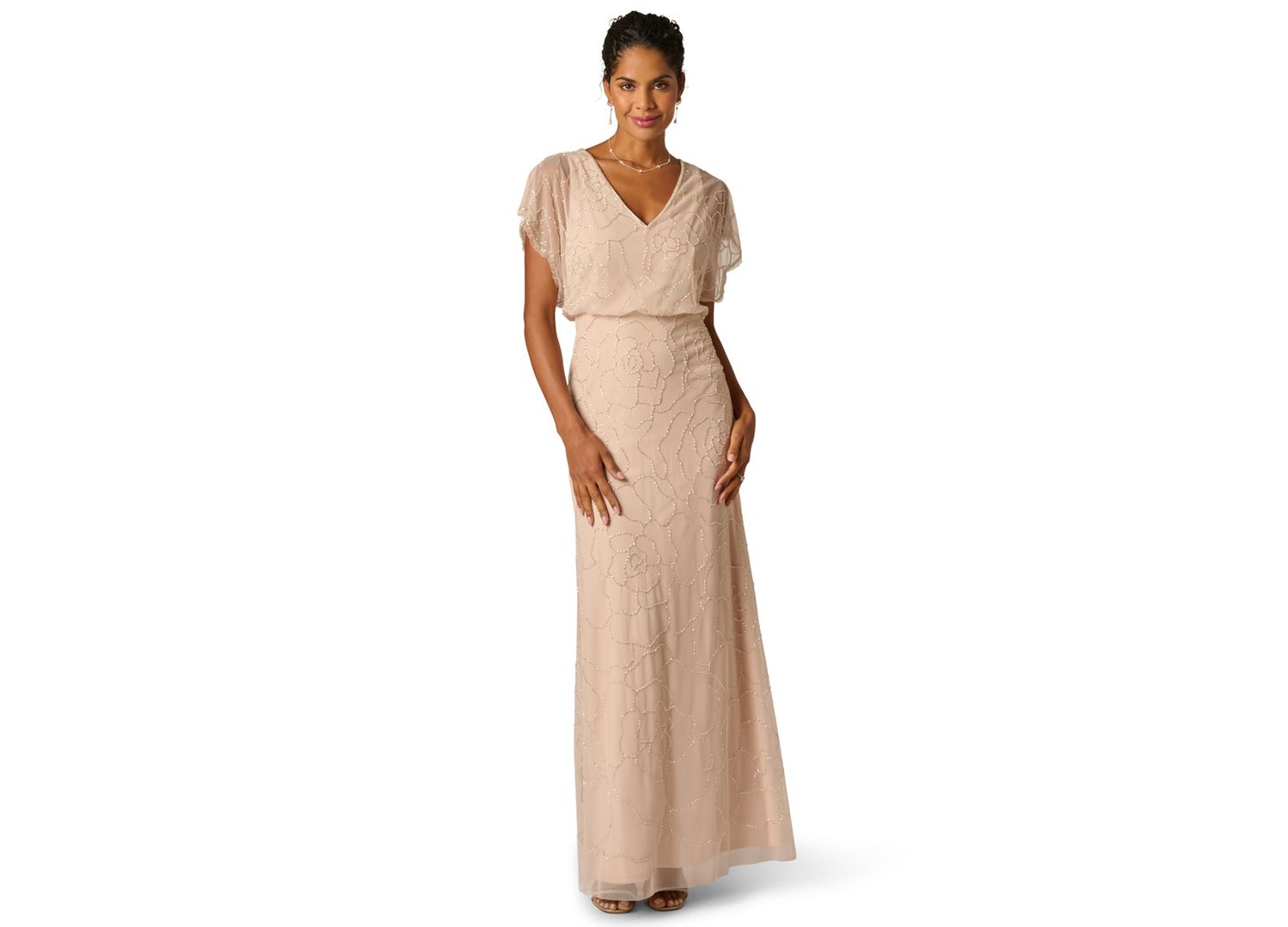 Women's Bead Blouson V-Neck Long Dress