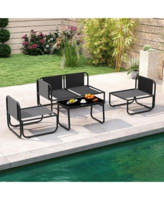 4 PCS Patio Furniture Set with Cushions & Tempered Glass Coffee Table for Garden