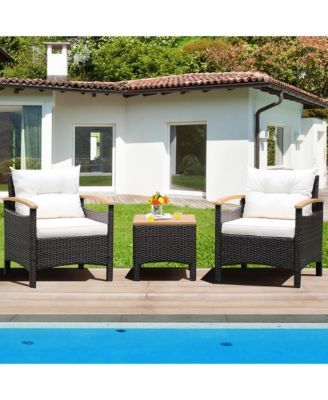 3PCS Patio Rattan Furniture Set Wooden Armrest Table Top Cushioned Deck