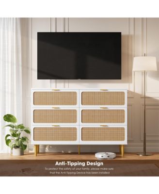 6 Drawer Dresser for Bedroom, Large Modern Double Dresser with Wide Top, Rattan Chest of Drawers with Deep Drawers for Living Room Hallway