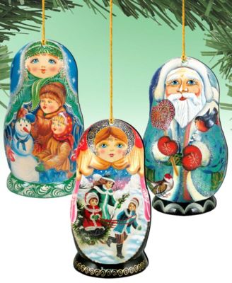 Winter Play Dolls Wooden Ornaments, Set of 3