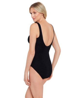 Women's Chlorine Resistant Sea Blue Mock Surplice One-Piece Swimsuit