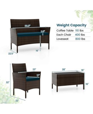 4 Pc. Patio Furniture Set with Washable Cushions and Tempered Glass Coffee Table