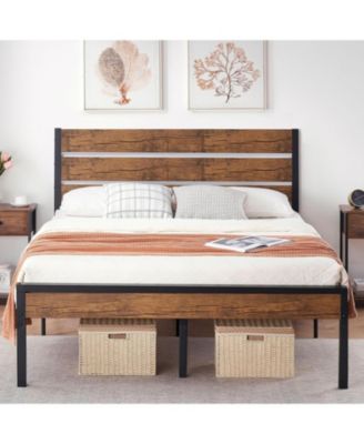Full Metal Bed Frame with Rustic Headboard and Wood Slats, Heavy Duty Platform Bed Frame