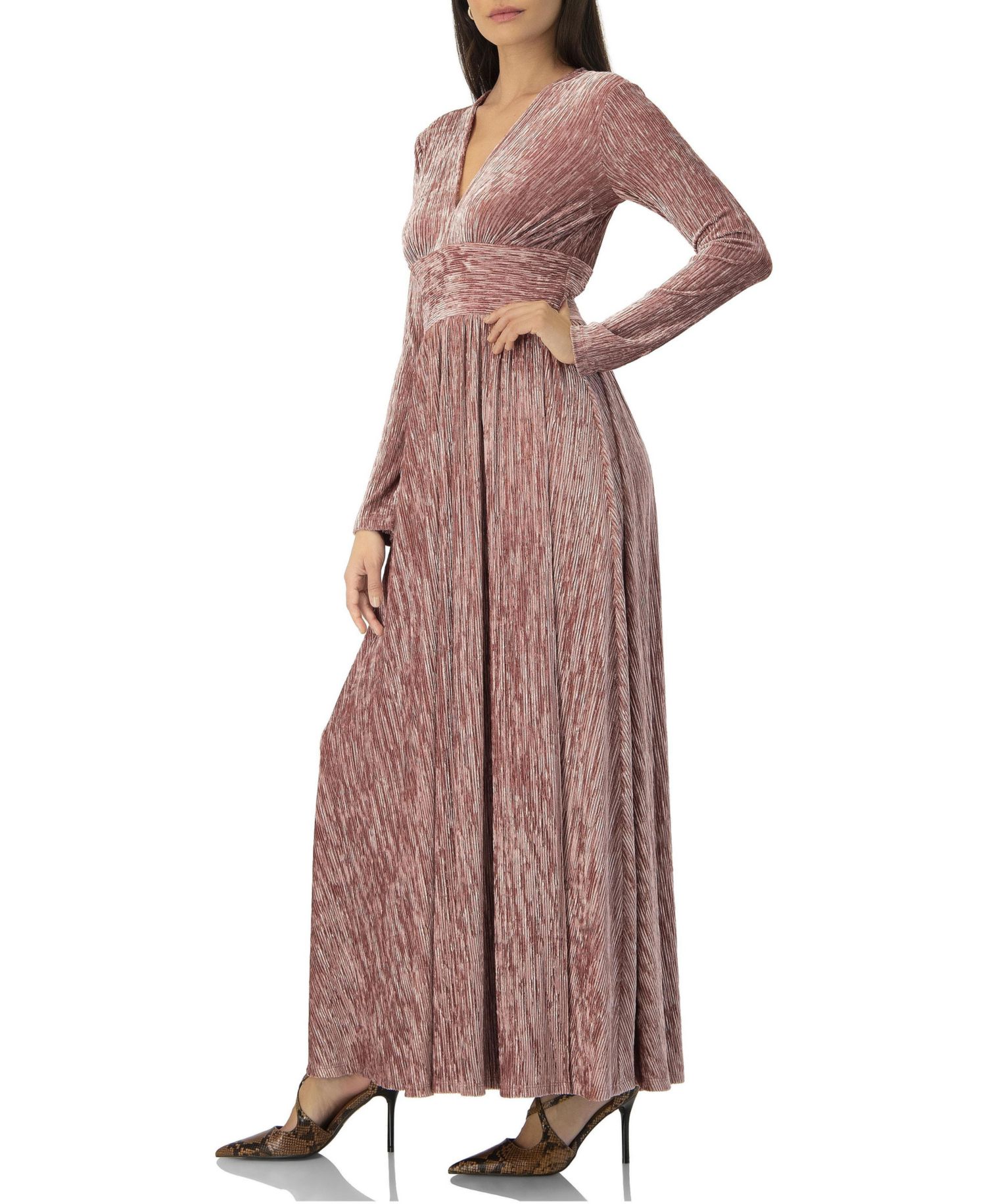 Women's Long Velvet Pleated V-Neck Dress