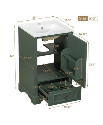 20" Bathroom Vanity with Ceramic Sink, Soft Close Door, Drawer & Adjustable Shelf for Small Spaces
