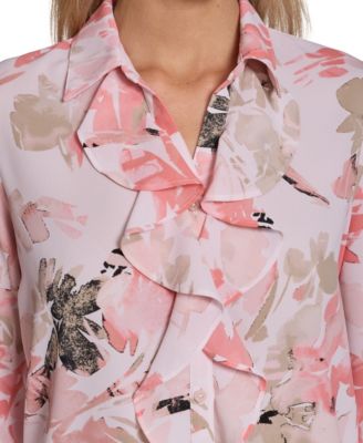 Petite Floral-Print Long-Sleeve Blouse