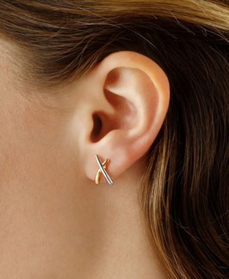 Small "X" Stud Earrings Set in 14k Two-Tone Gold (Also available in 14k Yellow Gold)