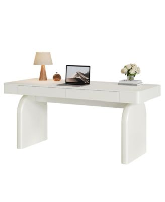 White Desk with Drawers, 63-Inch Modern Executive Office Desk, Glossy Elegant Work Study Desk Writing Table for Home Office