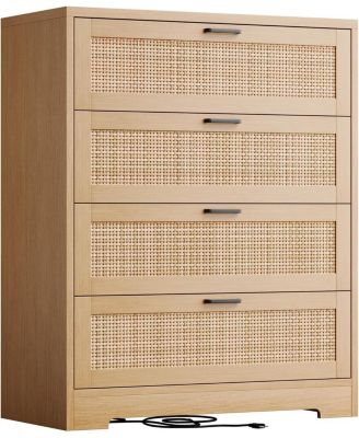 Drawer Tall Rattan Dresser, Modern Wooden Storage Chest with Handles & Wide Top for Living Room Bedroom Hallway Entryway