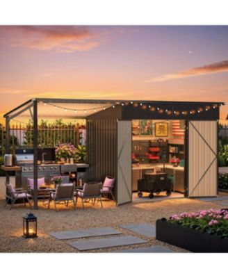 Outdoor Open-Sided Storage Shed with Attached Hardtop Metal Pergola