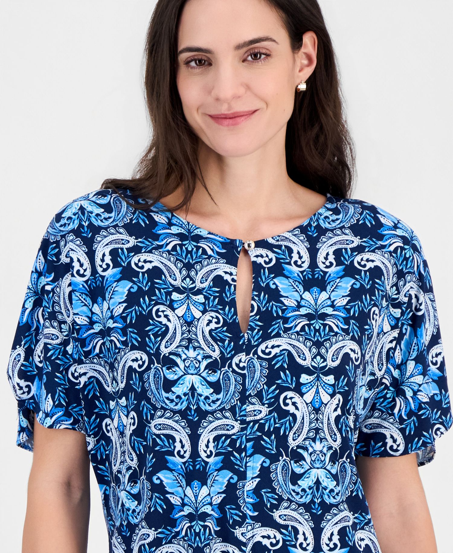 Women's Short Dolman-Sleeve Printed Keyhole Knit Top