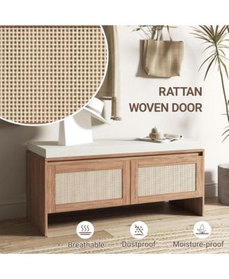 Rattan Entryway Bench, Wooden Bench with Storage and Cushion Seating for Bedroom, Hallway