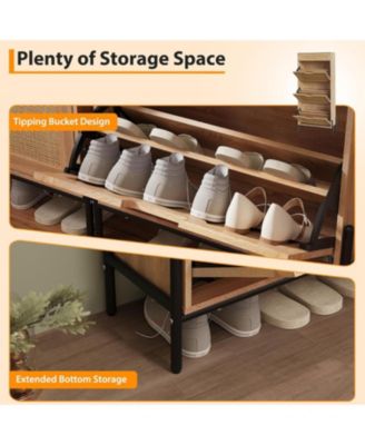 Rattan Shoe Cabinet with 3 Flip Doors and Drawer Freestanding Shoe Organizer with Adjustable Shelves