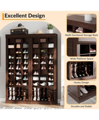 10 Tier Tall Shoe Cabinet with Boot Racks 27 Cubbies Freestanding Narrow Wooden Organizer