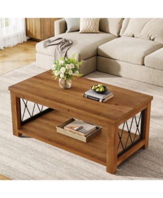 47.2" Solid Wood Coffee Table, Farmhouse Rectangular Center Table, 2-Tier Low Cocktail Tea Table