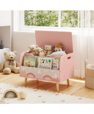 Kids Wooden Toy Box with Front Bookshelf and Solid Wood Legs