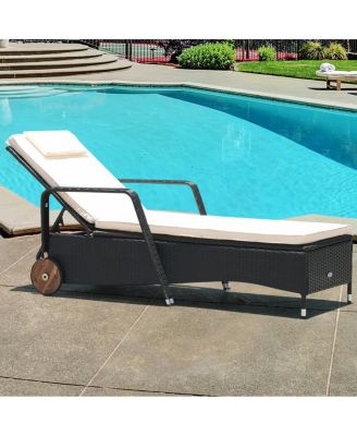 Reclining Outdoor Rattan Lounge Chair with Adjustable Back and Wheels