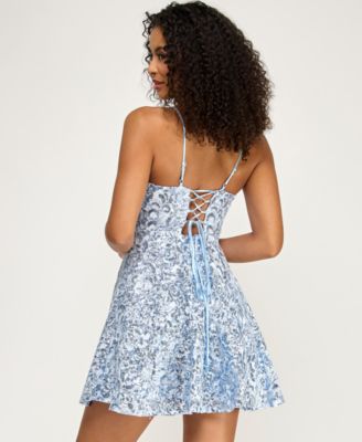 Juniors' Sequin Lace-Up Back Short Dress