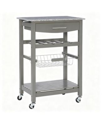 Granite top pine kitchen storage cart with casters and drawers