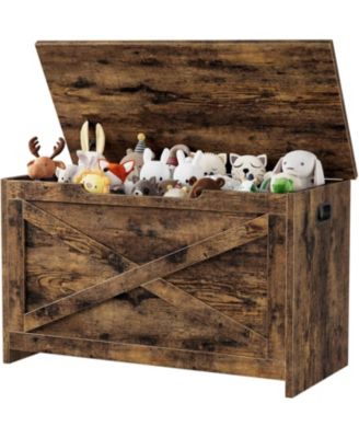 30 Inch Wooden Storage Bench with Safety Hinges Side Handles Toy Chest Entryway Organizer Vintage Finish