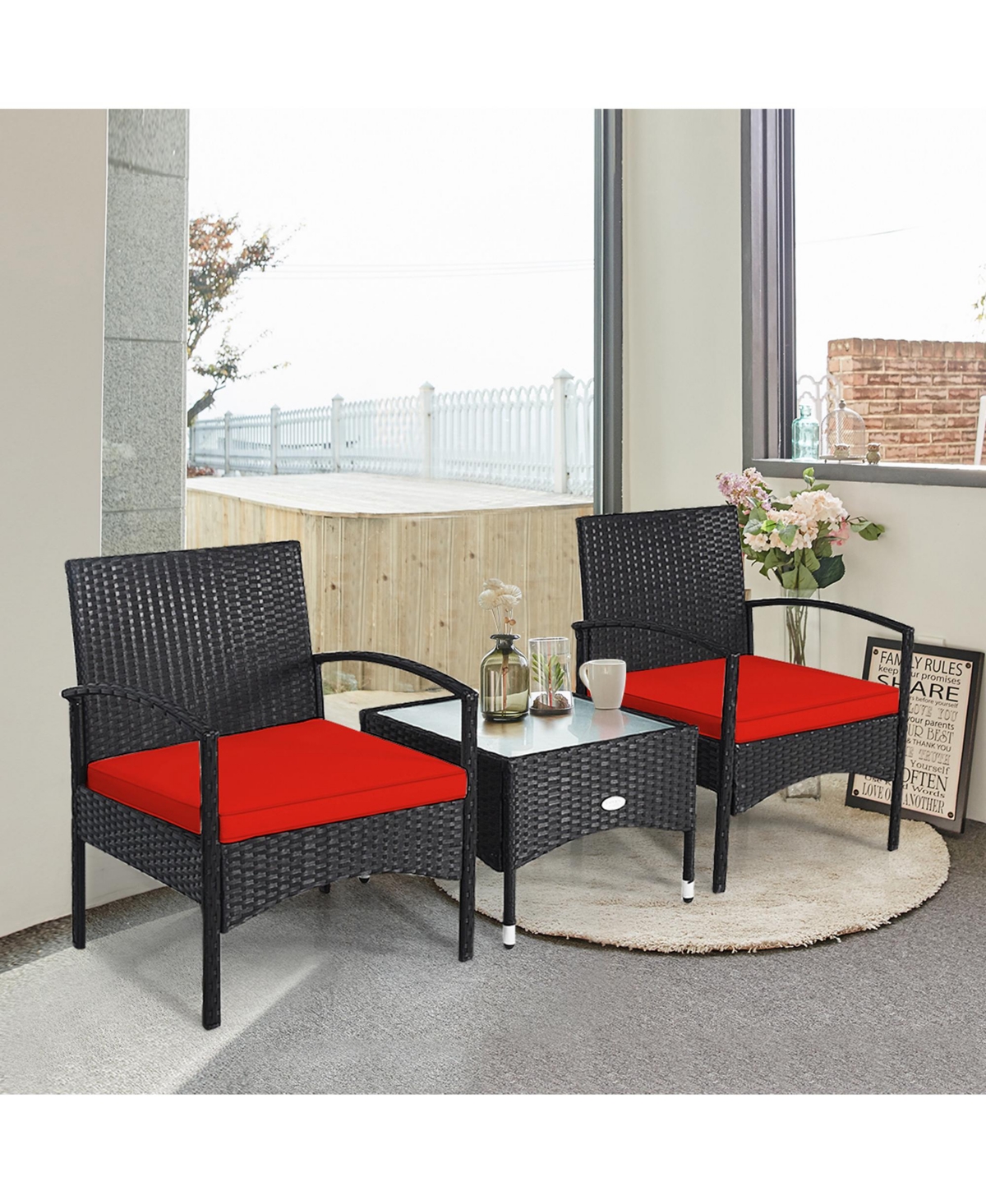 Gymax 3 Pcs Patio Wicker Rattan Furniture Set Coffee Table & 2 Rattan Chair w/ Cushion