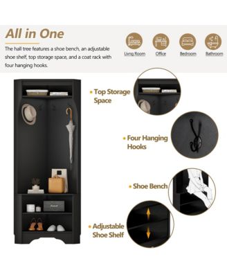 Corner Hall Tree - Versatile Entryway Coat Rack with 4 Hooks and Adjustable Shoe Shelf for Living Room, Hallway