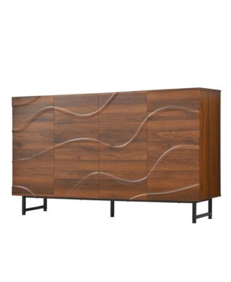 59" Modern Solid Wood Sideboard with Wave Relief & Iron Legs