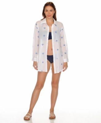 Women's Embroidery Sea Shell Button-Down Cover-Up Shirt