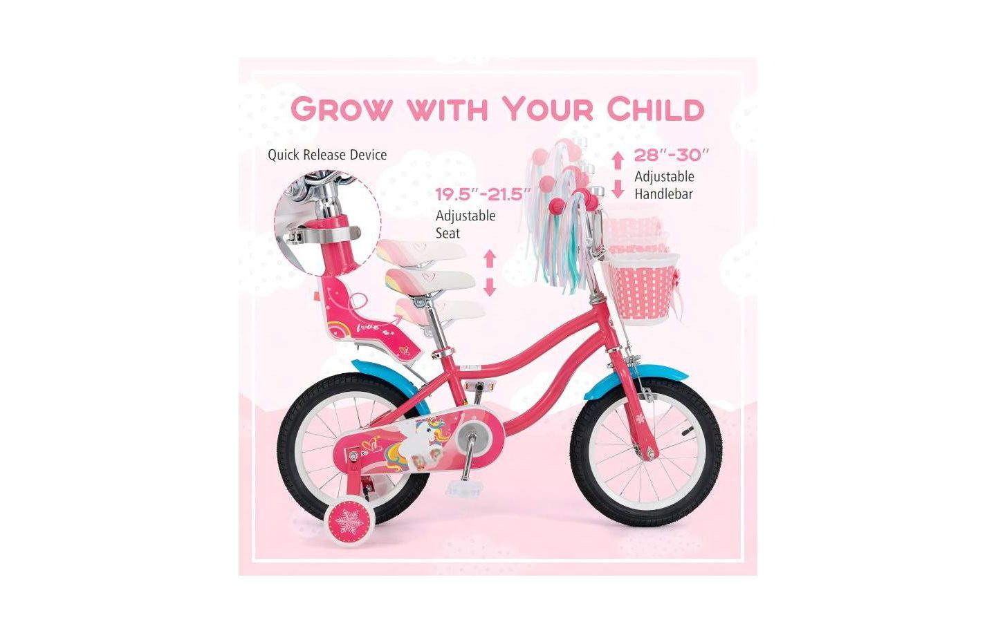 Детская игрушка HONGGE 14 Inch Girls Bike with Doll Seat and Training Wheels, Ages 3-5, цвет: Розовый — фото 8
