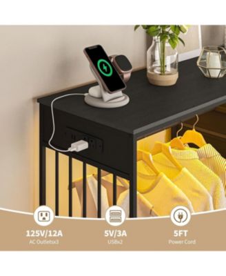 Dresser with Hanging Rack, Reversible 6 Drawers Dresser with Led Lights & Charging Station