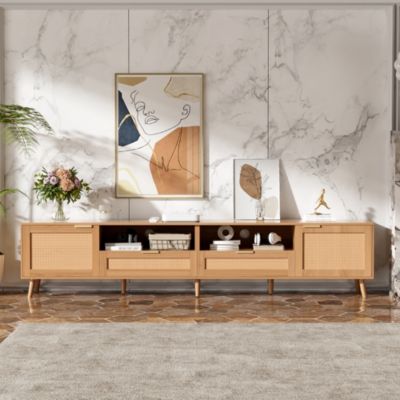 Rattan Cabinet TV Stand for TVs up to 90", Modern Farmhouse Media Console with Solid Wood Legs