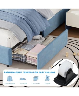 Bed Frame for Kids - with Adjustable Headboard Upholstered Princess Velvet Platform Bed, 2 Storage Drawers, Solid Wood Slat Support