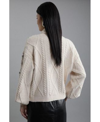 Women's Wool Blend Embellished Cable Knit Jumper