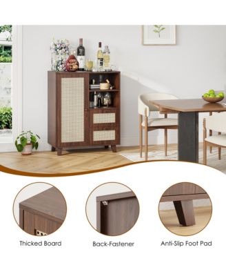 Rattan Buffet Cabinet, Kitchen Sideboard with 2 Drawers for Living Room, Dining Room, Entryway (Walnut)