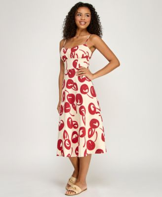 Juniors' Cherry Printed Sweetheart Neck Midi Dress