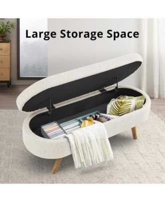 Oval Storage Ottoman Bench - Upholstered End of Bed Bench with Safety Hinge Flip Top and Solid Wood Legs for Bedroom (Beige)