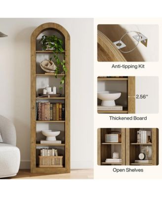 6-Tier Bookshelf - Tall Arched Bookcase, Wooden Display Shelf Rack, Open Shelving Unit for Home Office, Living Room (Brown)