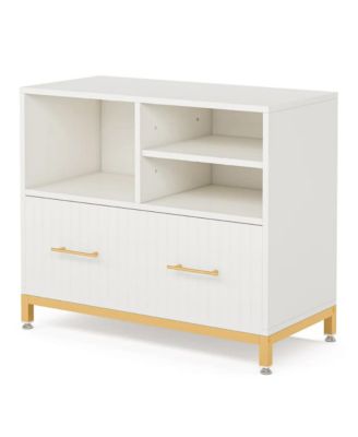 File Storage Cabinet for Letter/Legal/A4 Size Files, Modern Wood Lateral File Cabinet with Drawer and 3 Open Storage Spaces for Home Office