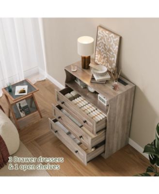 3-Drawer Wooden Dresser with LED Lights & Charging Station, Storage Chest for Living Room & Closet.
