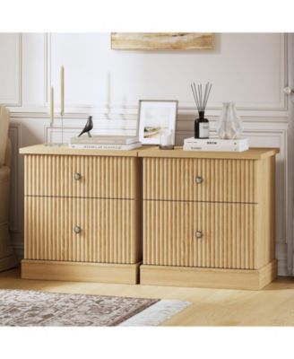 Fluted Nightstand with Drawers, Mid Century Modern Bedside Table, Light Wood Nightstand with Storage