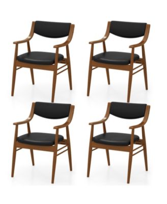 Set Of 4 PU Leather Dining Chair w/ Padded Seat and Back Armrests Rubber Wood Frame