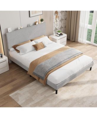 Queen Size Bed Frame with USB Charging Station, Corduroy Upholstered Platform Bed Frame with Adjustable Storage Headboard, Wooden Slats Support