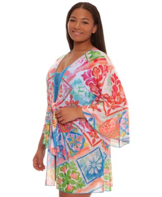 Plus Size Mijas Tie-Front Stretch Mesh V-Neck Cover-Up Tunic