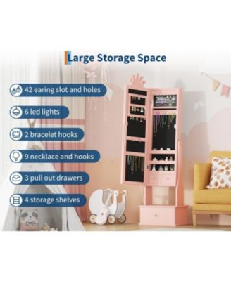 Kids Jewelry Armoire with Full-Length Mirror and LED Light, Child Jewelry Cabinet with 3 Storage Drawers
