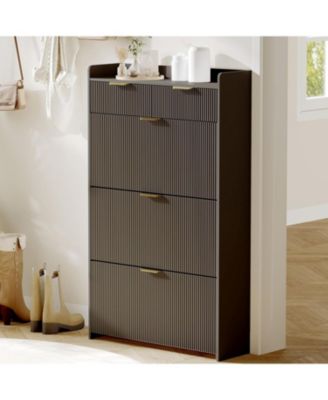 Wave Design Shoe Cabinet with 3 Slip Drawers, 2 Drawers, Raised Edges, Fluted Shoe Cabinet, Slim Hidden Shoe Organizer, Wooden Shoe Storage