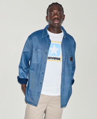 Men's Collared Jersey Denim Shirt and Box Logo Tee paired with the Harton Straight-Leg Pants